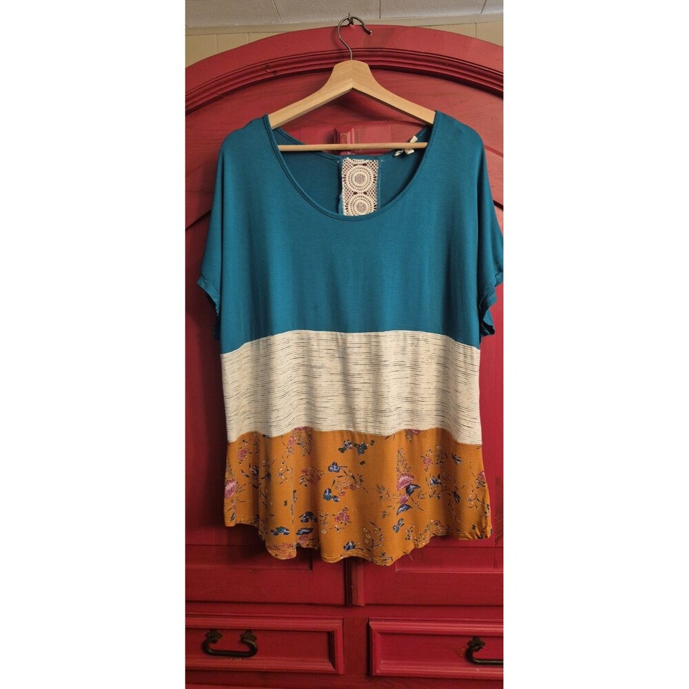 Tru Self 2x Top Lace Trimmed Color Blocked Shirt Summer Floral Orange Teal EUC